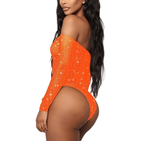 Women Orange Lingerie Fishnet Teddy Sparkle Rhinestone One Piece Mesh Bodysuit - Picture 5 of 5